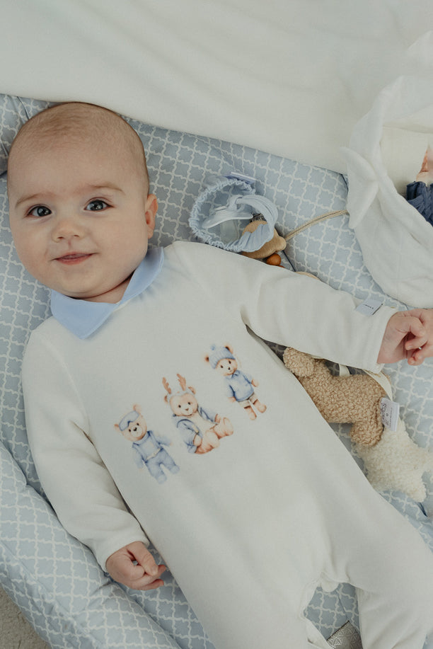 Ivory & Blue Velour Bear Sleepsuit