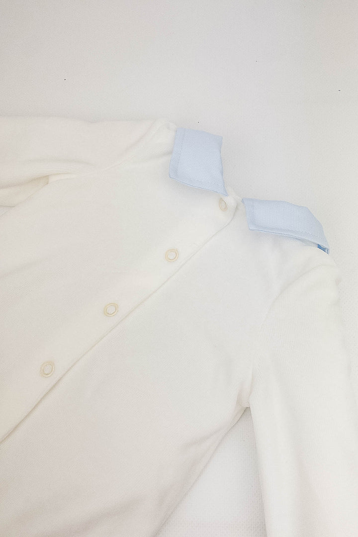 Ivory & Blue Velour Bear Sleepsuit