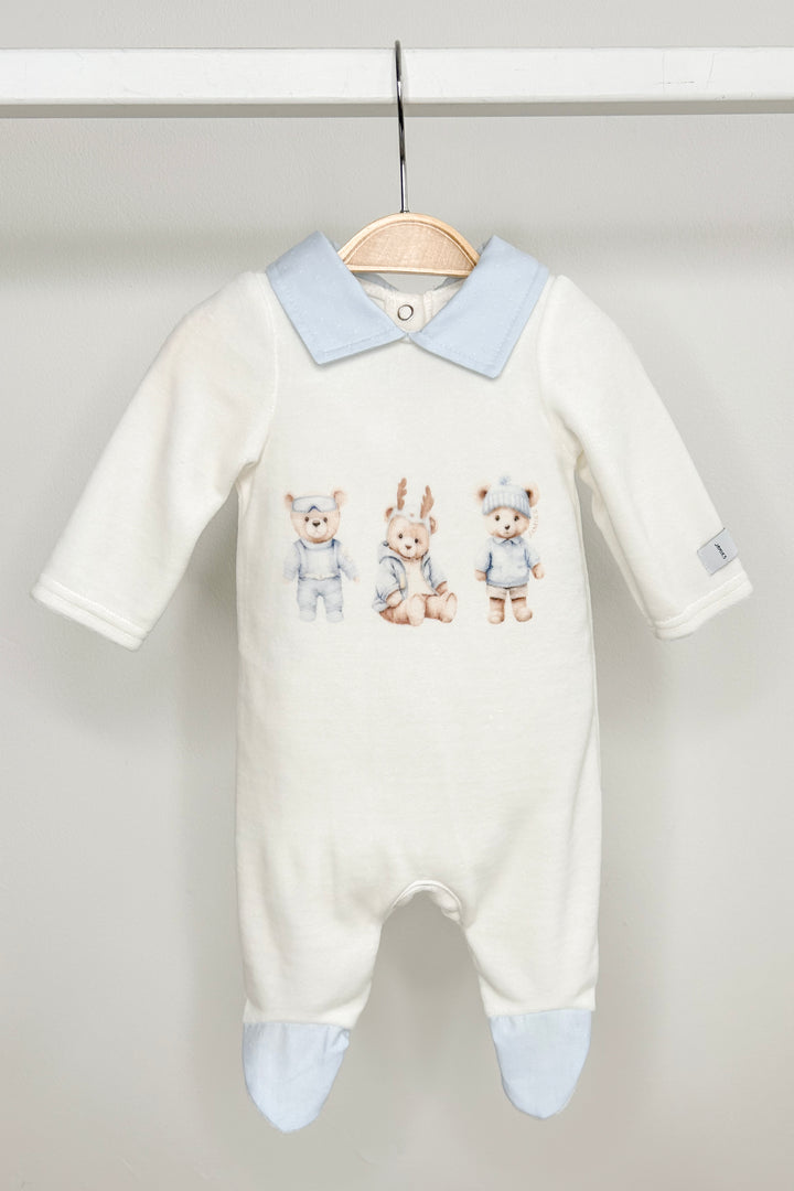 Ivory & Blue Velour Bear Sleepsuit