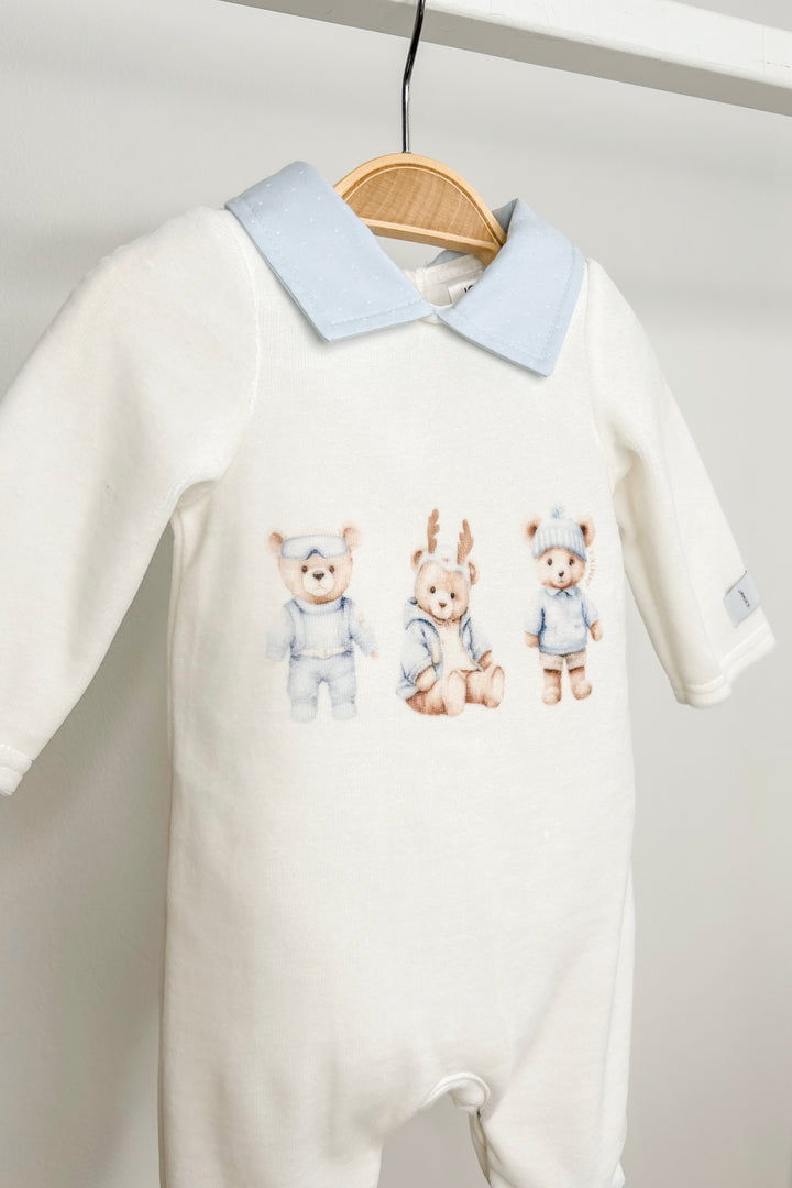 Ivory & Blue Velour Bear Sleepsuit