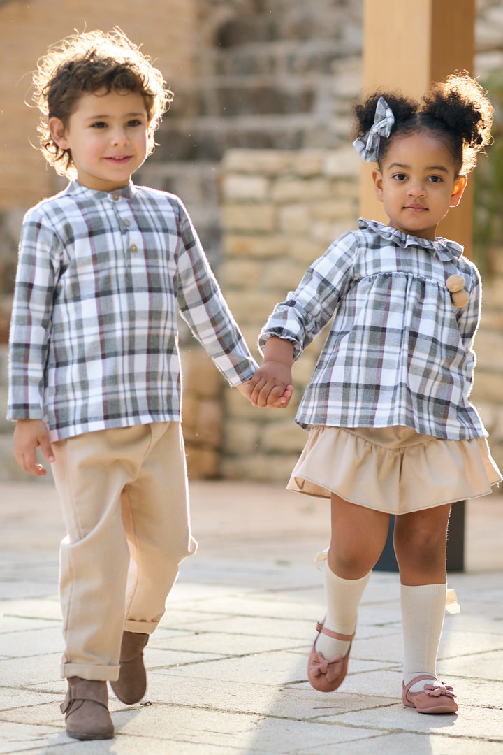 "Sara" Grey & Burgundy Tartan Blouse & Skort