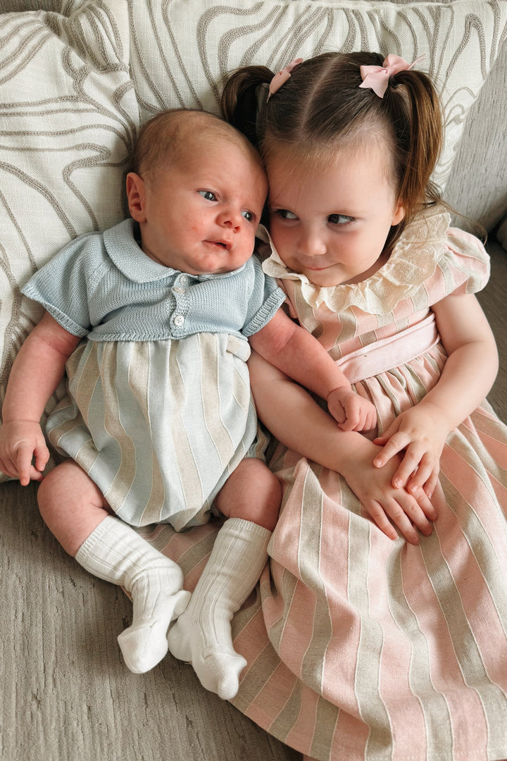 "Romeo" Powder Blue Half Knit Striped Romper
