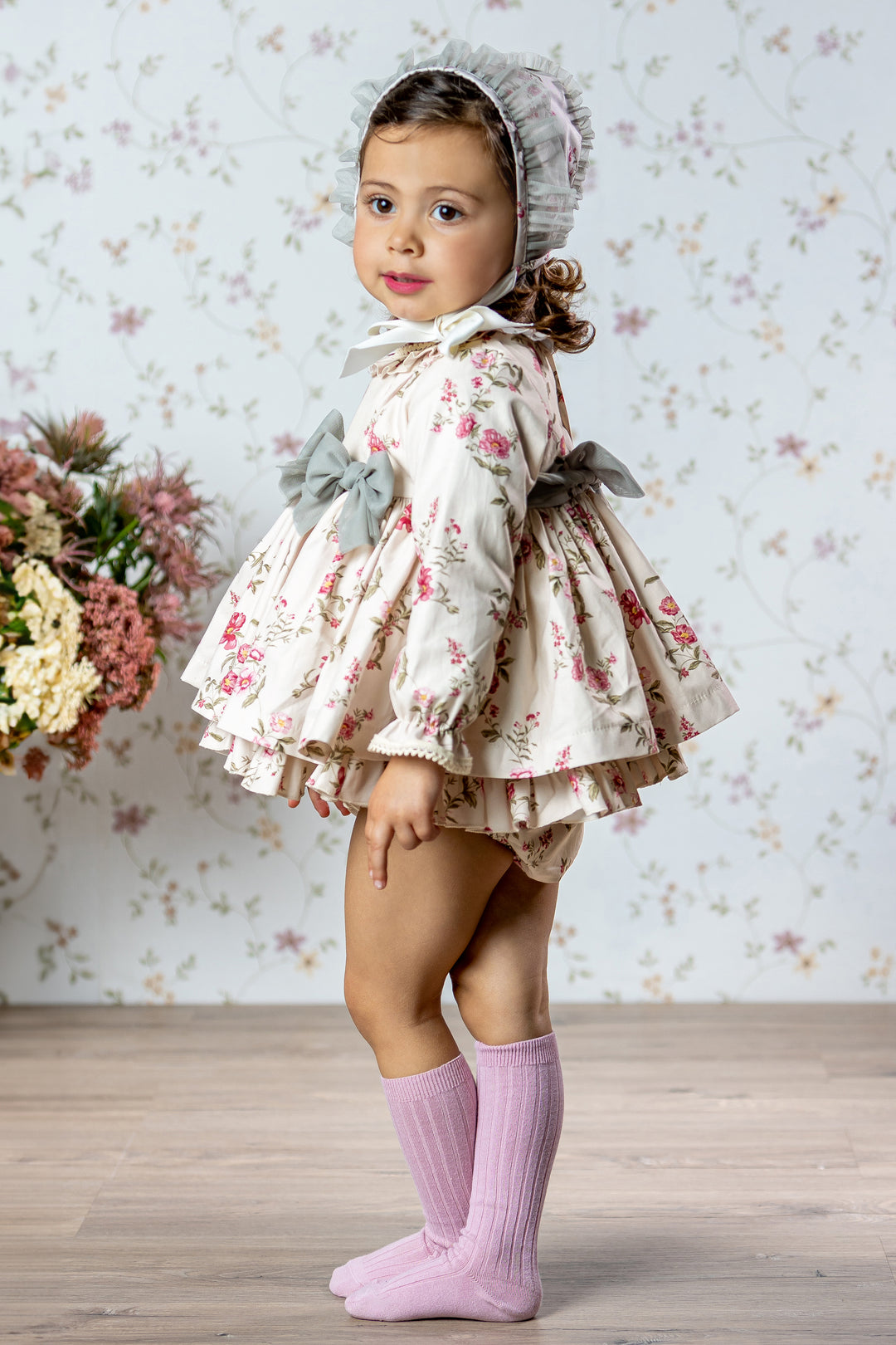 "Henrietta" Cream & Pink Floral Dress, Bloomers & Bonnet