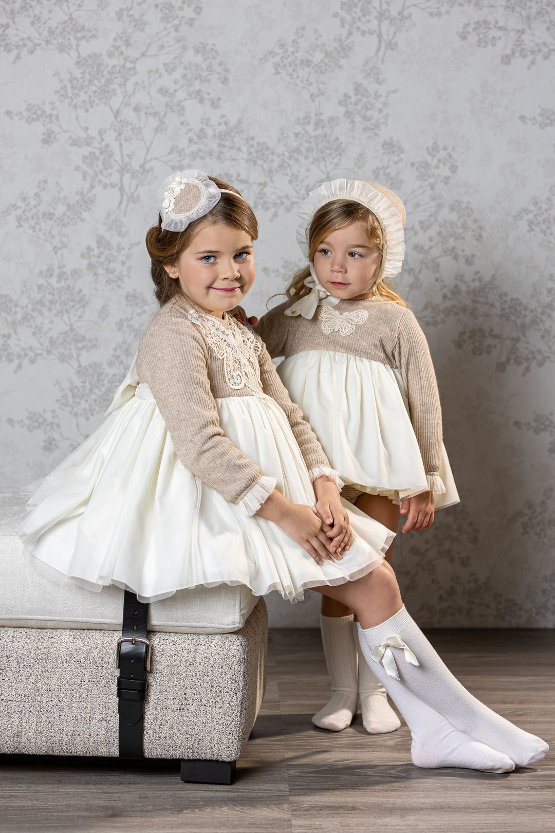 "Athena" Sparkly Beige Tulle Dress, Bloomers & Bonnet