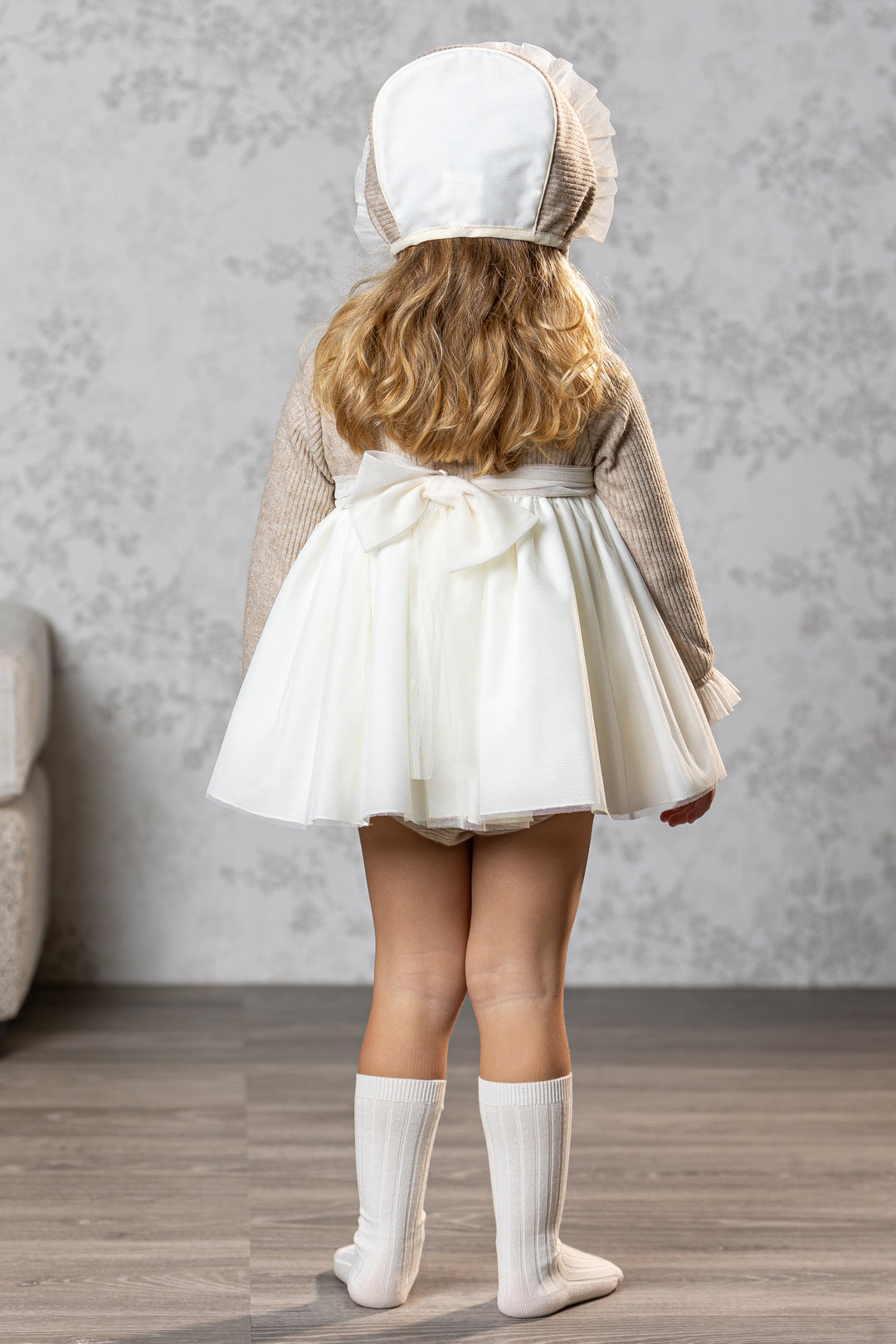 "Athena" Sparkly Beige Tulle Dress, Bloomers & Bonnet