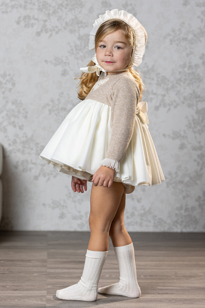 "Athena" Sparkly Beige Tulle Dress, Bloomers & Bonnet