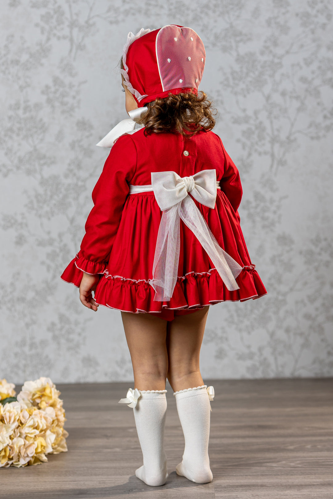 "Noella" Red Lace Dress, Bloomers & Bonnet