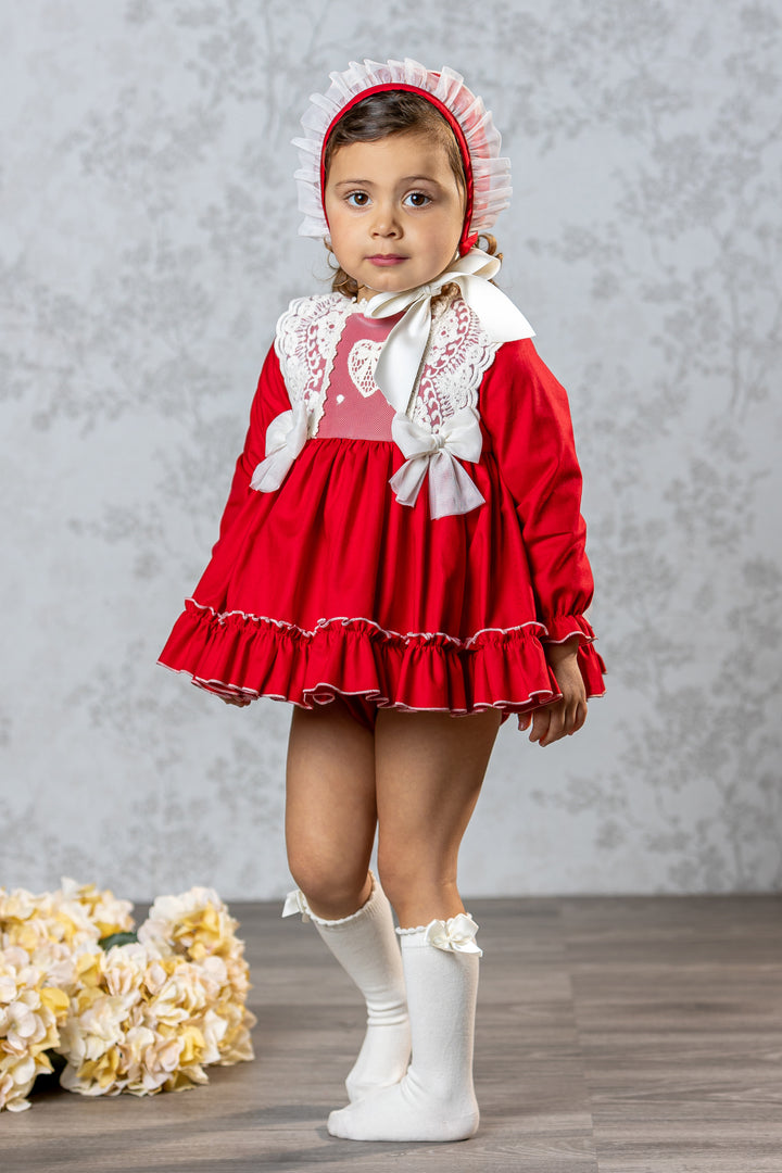 "Noella" Red Lace Dress, Bloomers & Bonnet