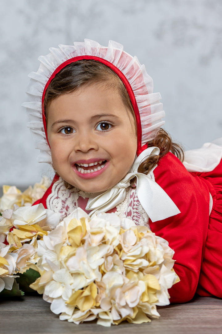 "Noella" Red Lace Dress, Bloomers & Bonnet