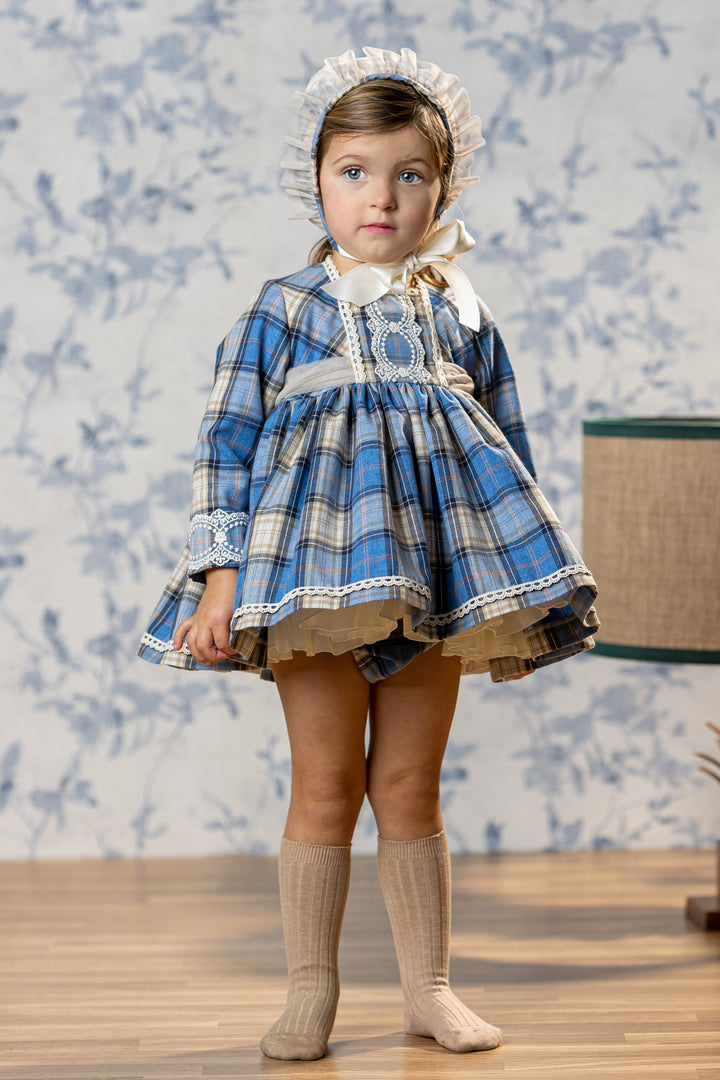 "Prudence" Dusky Blue Tartan Dress, Bloomers & Bonnet