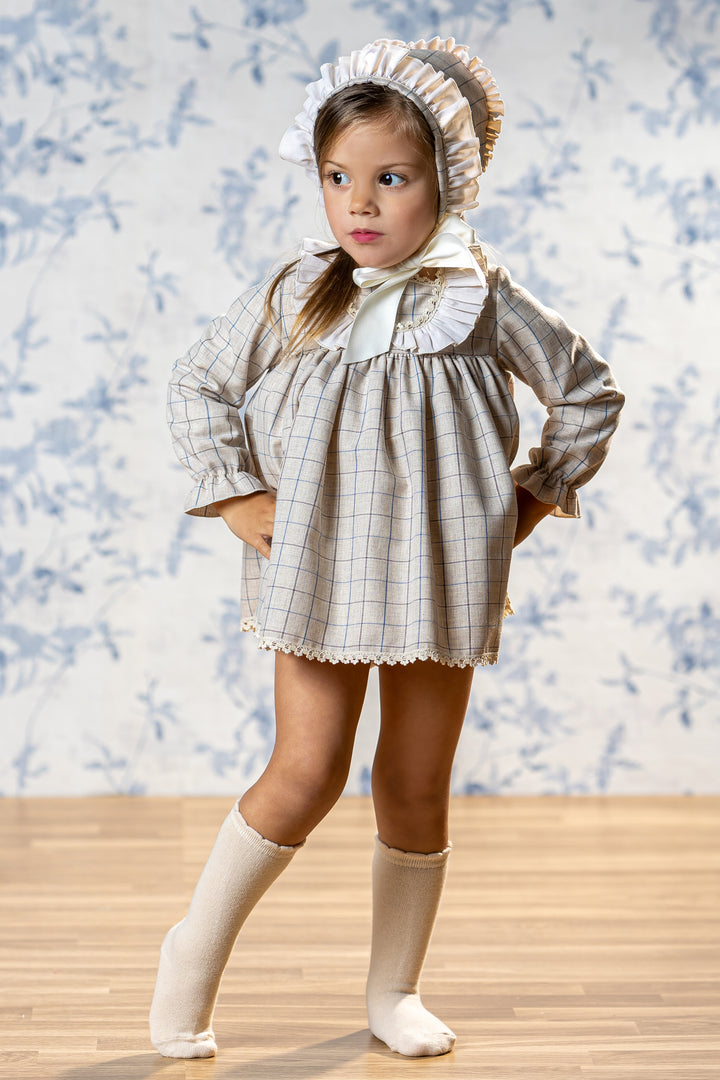 "Chloe" Stone Check Dress, Bloomers & Bonnet