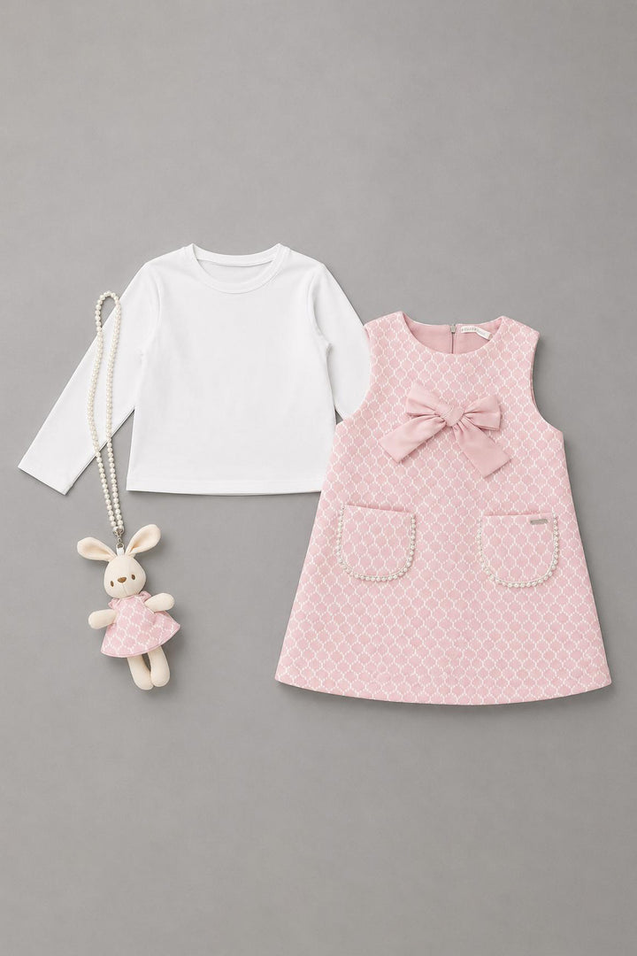 "Vanessa" Pink Fluffy Knit 3-Piece Pinafore Dress Set