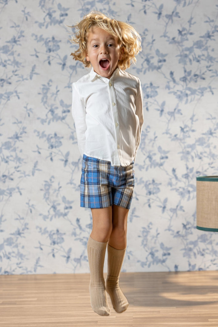 Abuela Tata "Alastair" Shirt & Dusky Blue Tartan Shorts - Millie and John