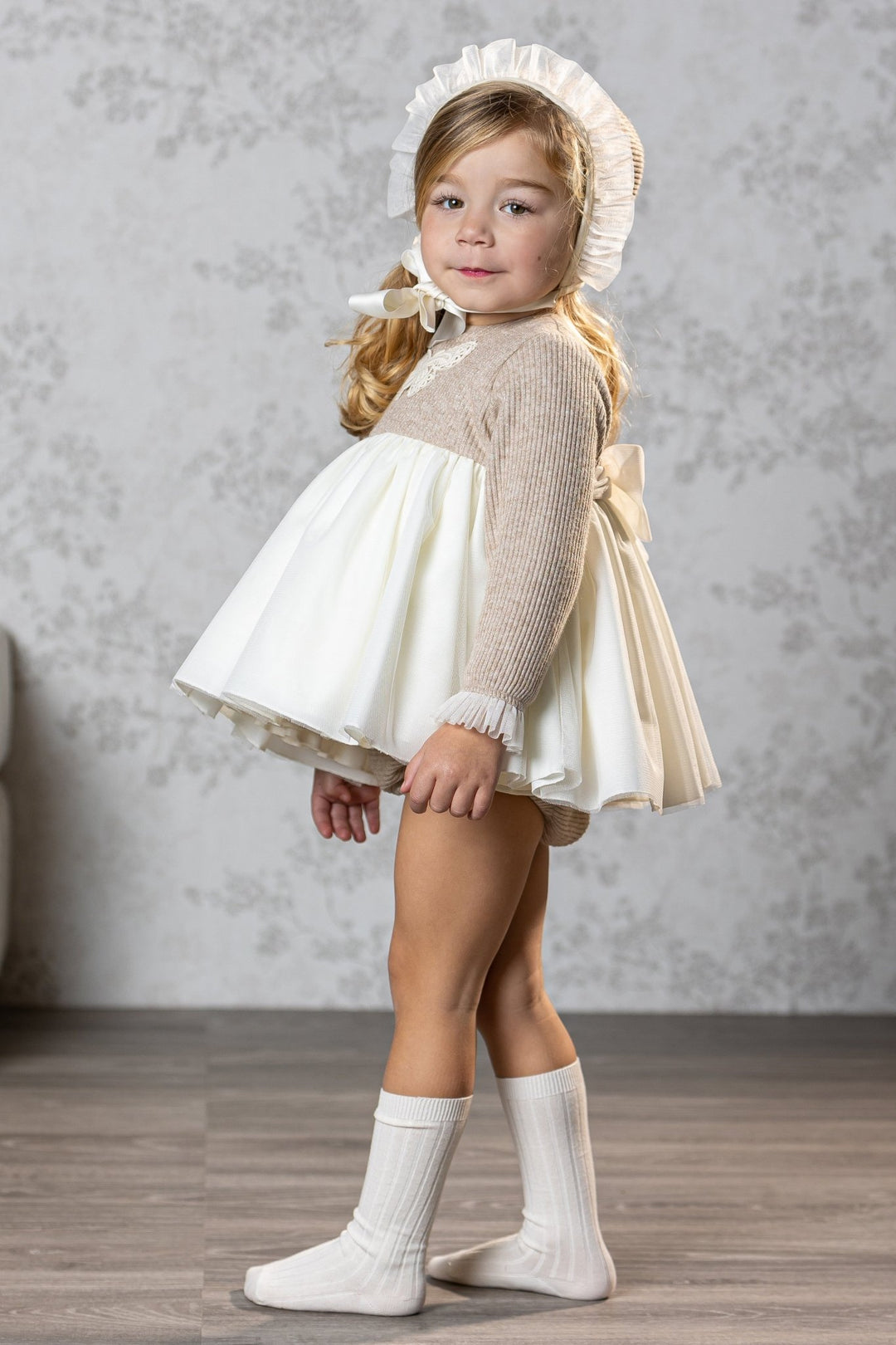 Abuela Tata "Athena" Sparkly Beige Tulle Dress, Bloomers & Bonnet - Millie and John