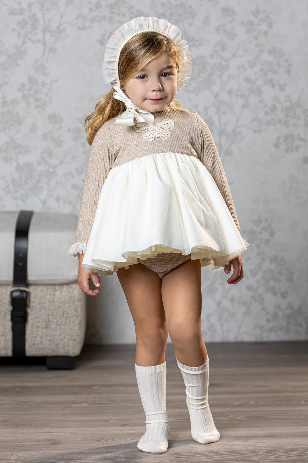 Abuela Tata "Athena" Sparkly Beige Tulle Dress, Bloomers & Bonnet - Millie and John