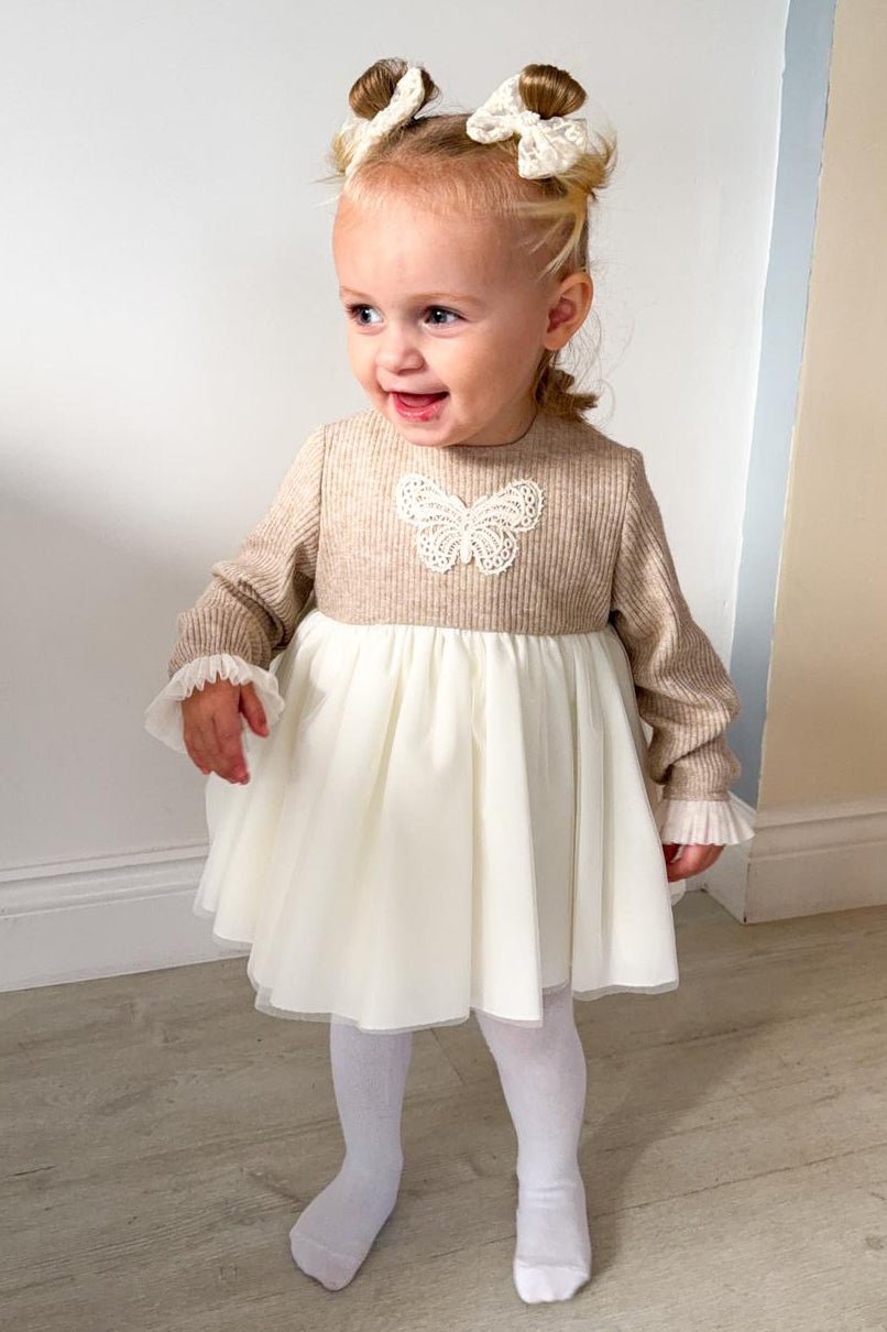 Abuela Tata "Athena" Sparkly Beige Tulle Dress, Bloomers & Bonnet - Millie and John