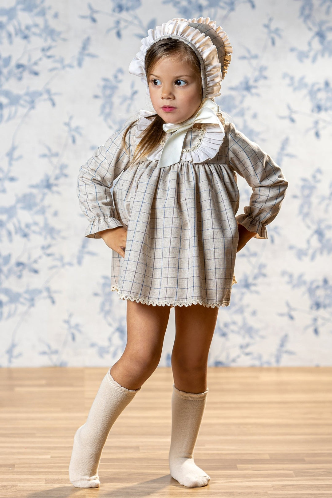 Abuela Tata "Chloe" Stone Check Dress, Bloomers & Bonnet - Millie and John