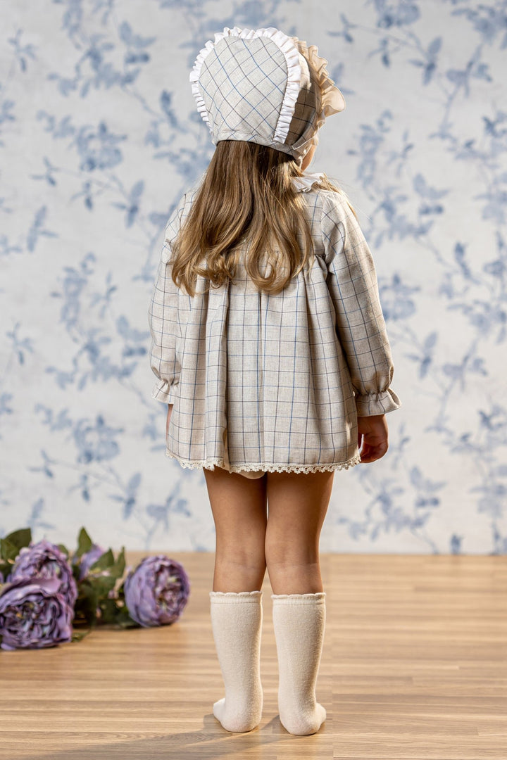 Abuela Tata "Chloe" Stone Check Dress, Bloomers & Bonnet - Millie and John
