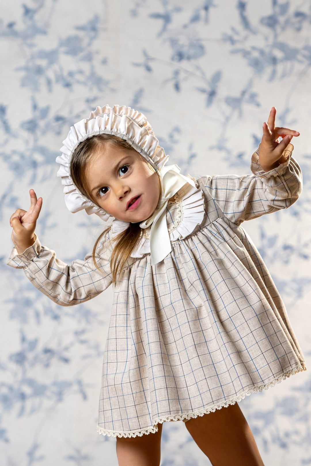 Abuela Tata "Chloe" Stone Check Dress, Bloomers & Bonnet - Millie and John