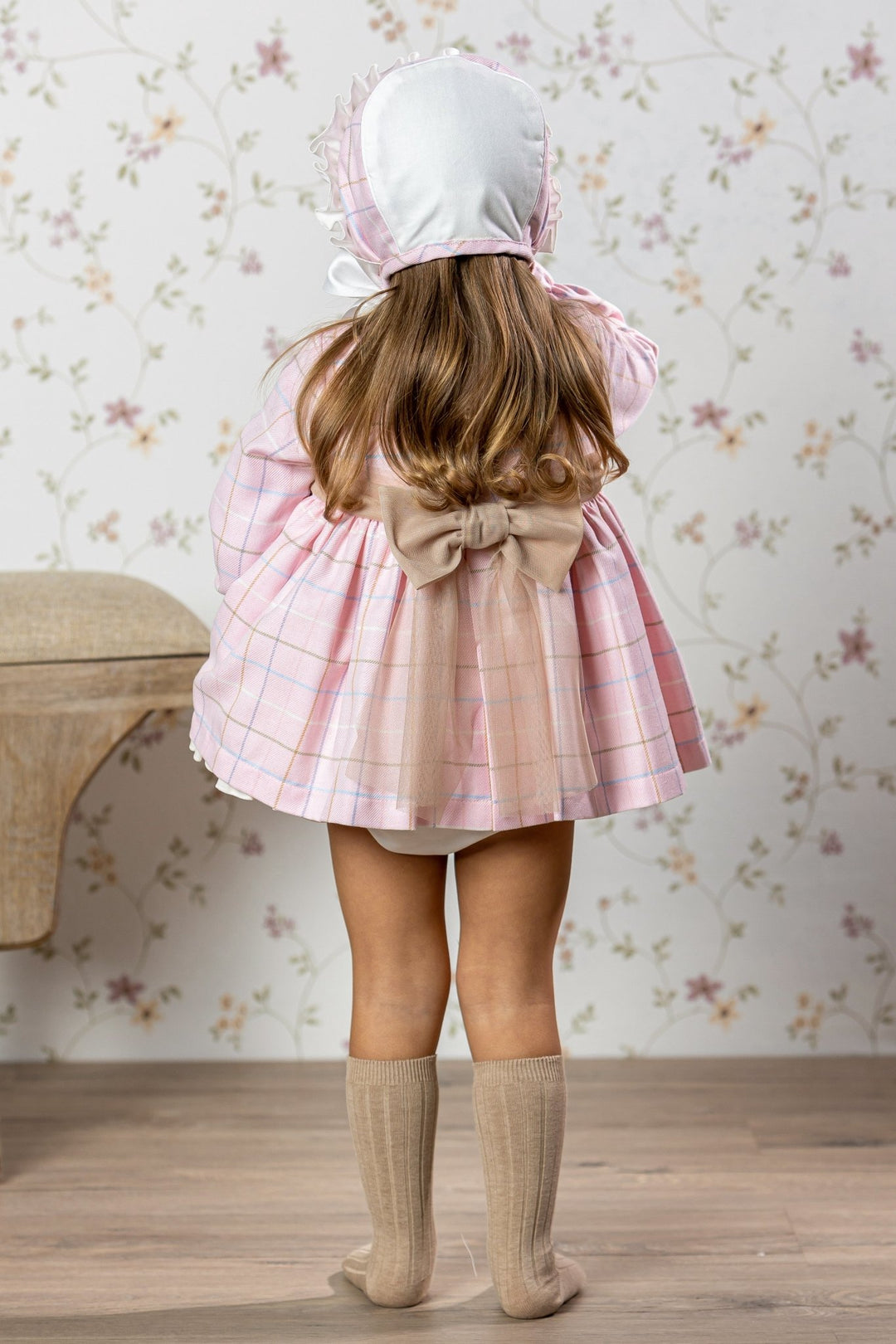 Abuela Tata "Daphne" Pink Check Dress, Bloomers & Bonnet - Millie and John