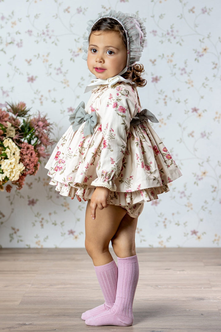 Abuela Tata "Henrietta" Cream & Pink Floral Dress, Bloomers & Bonnet - Millie and John