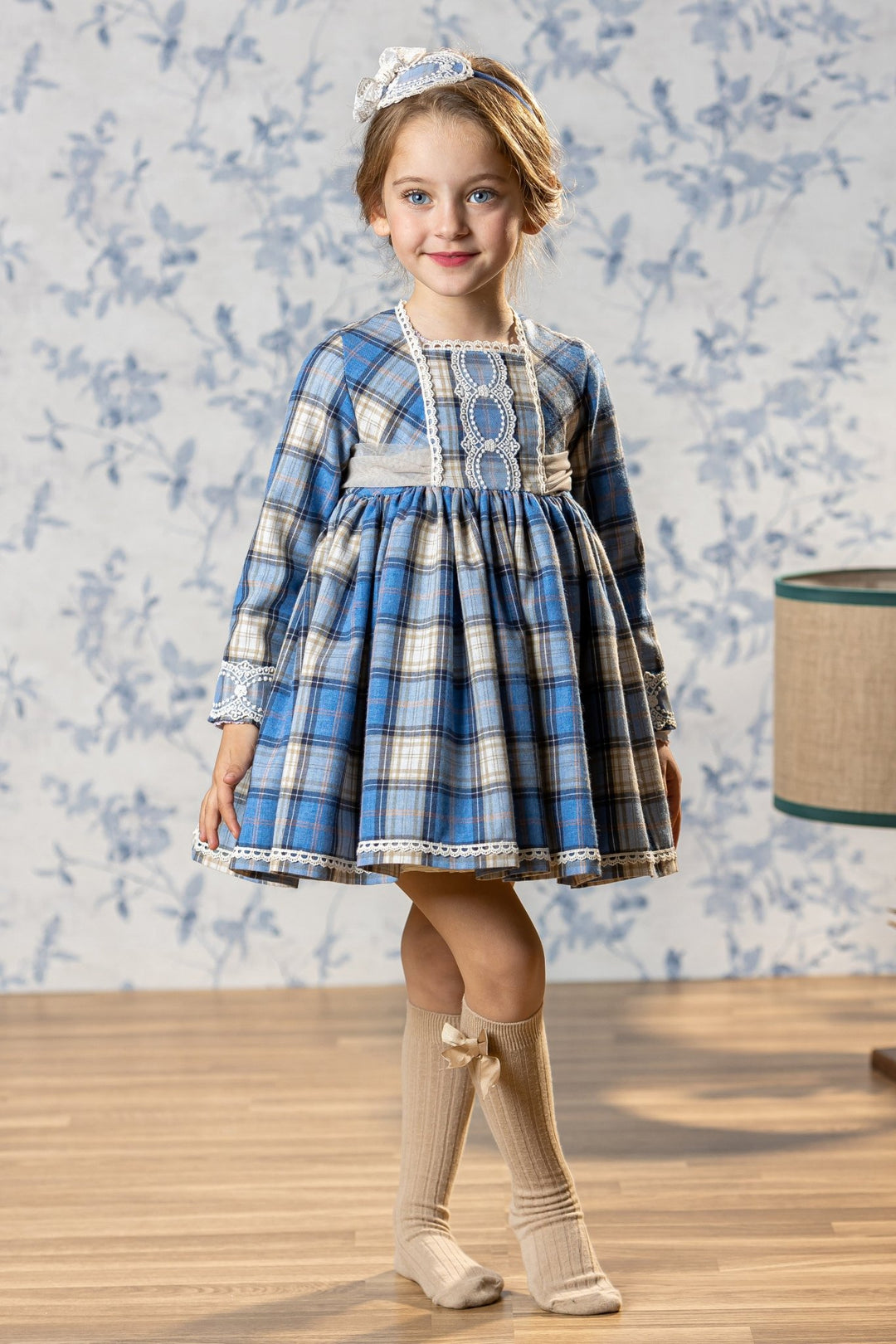 Abuela Tata "Hyacinth" Dusky Blue Tartan Tulle Bow Dress - Millie and John