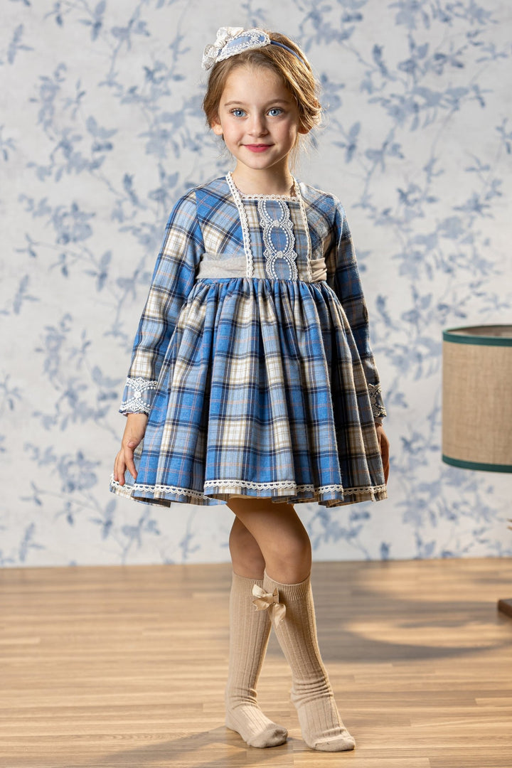 Abuela Tata "Hyacinth" Dusky Blue Tartan Tulle Bow Dress - Millie and John