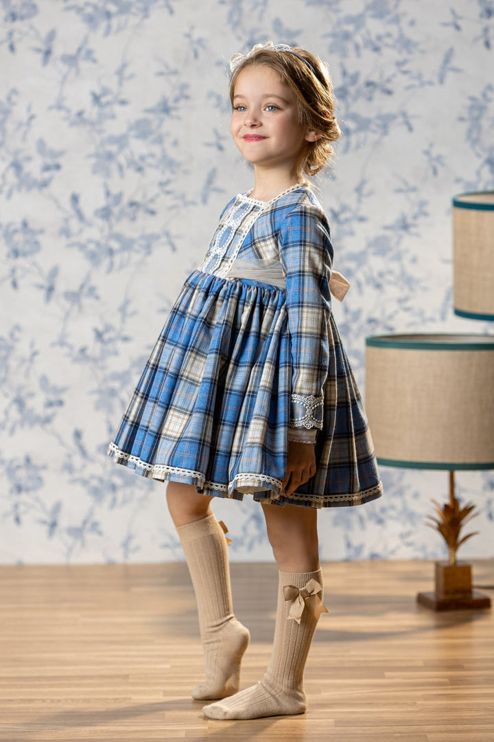 Abuela Tata "Hyacinth" Dusky Blue Tartan Tulle Bow Dress - Millie and John