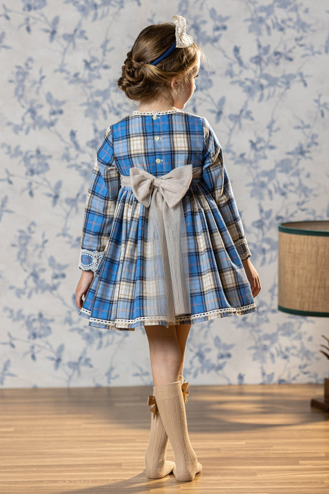 Abuela Tata "Hyacinth" Dusky Blue Tartan Tulle Bow Dress - Millie and John