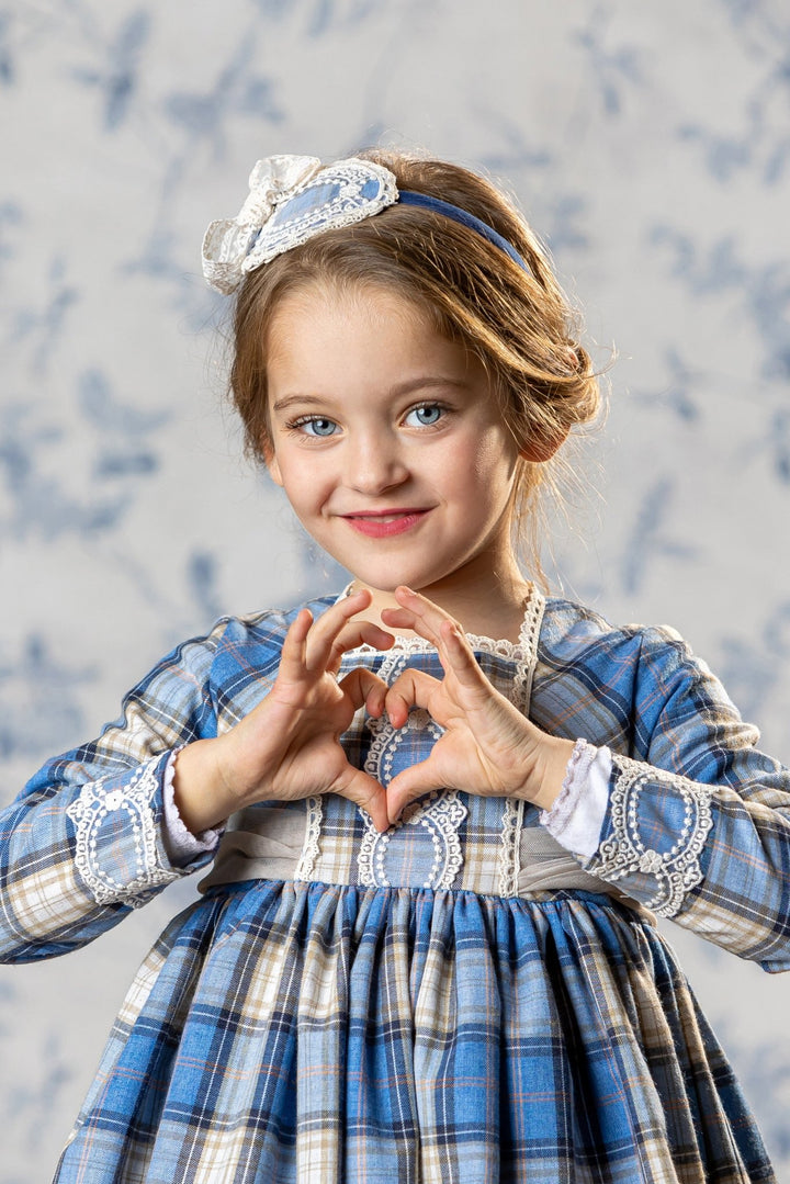 Abuela Tata "Hyacinth" Dusky Blue Tartan Tulle Bow Dress - Millie and John