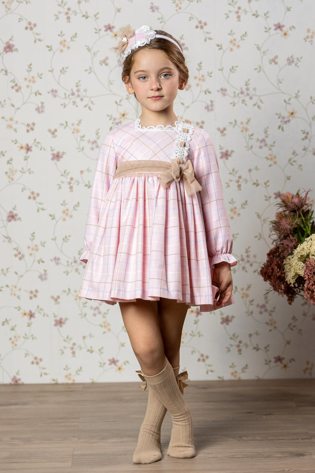 Abuela Tata "Imogen" Pink & Beige Tulle Check Dress - Millie and John