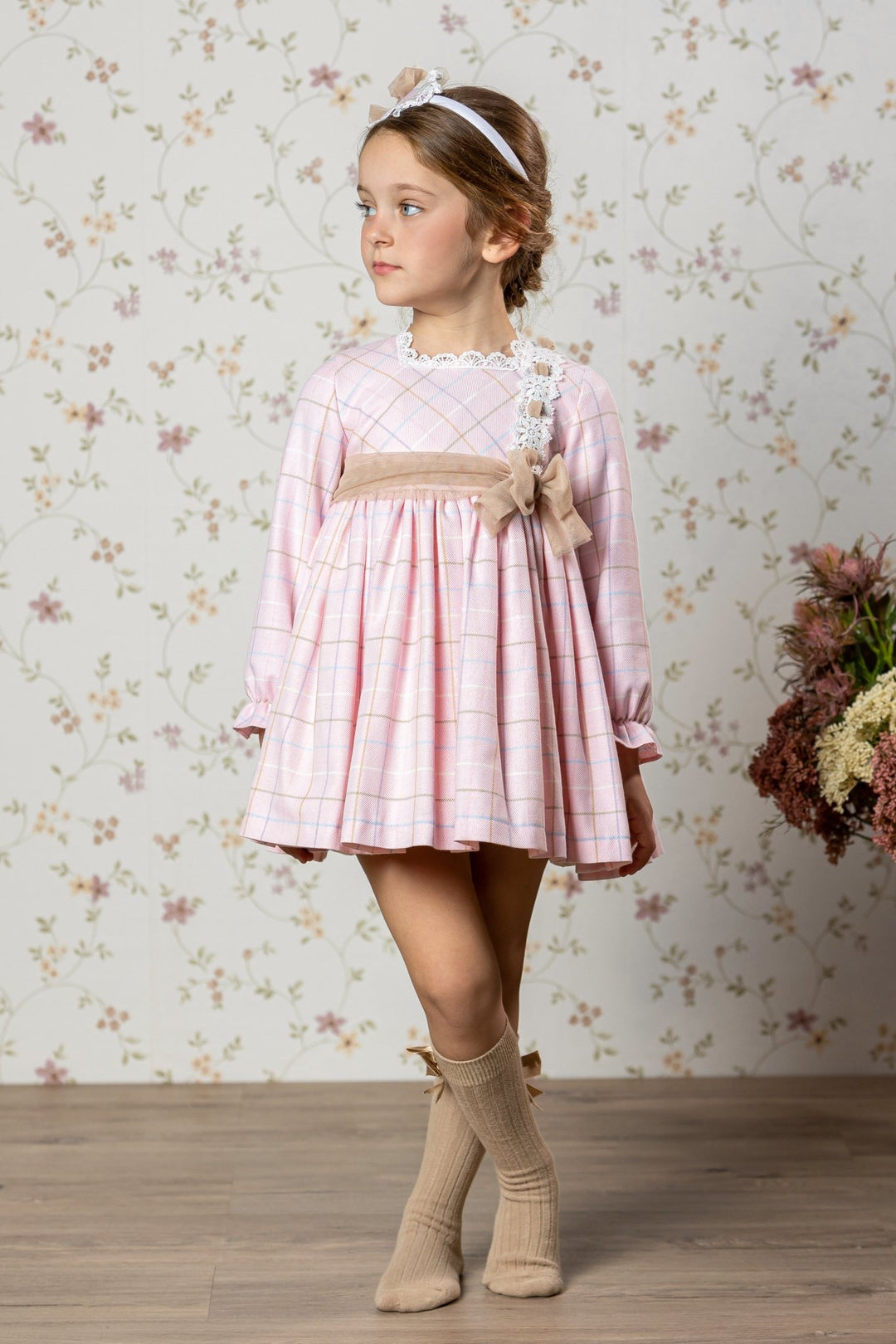 Abuela Tata "Imogen" Pink & Beige Tulle Check Dress - Millie and John