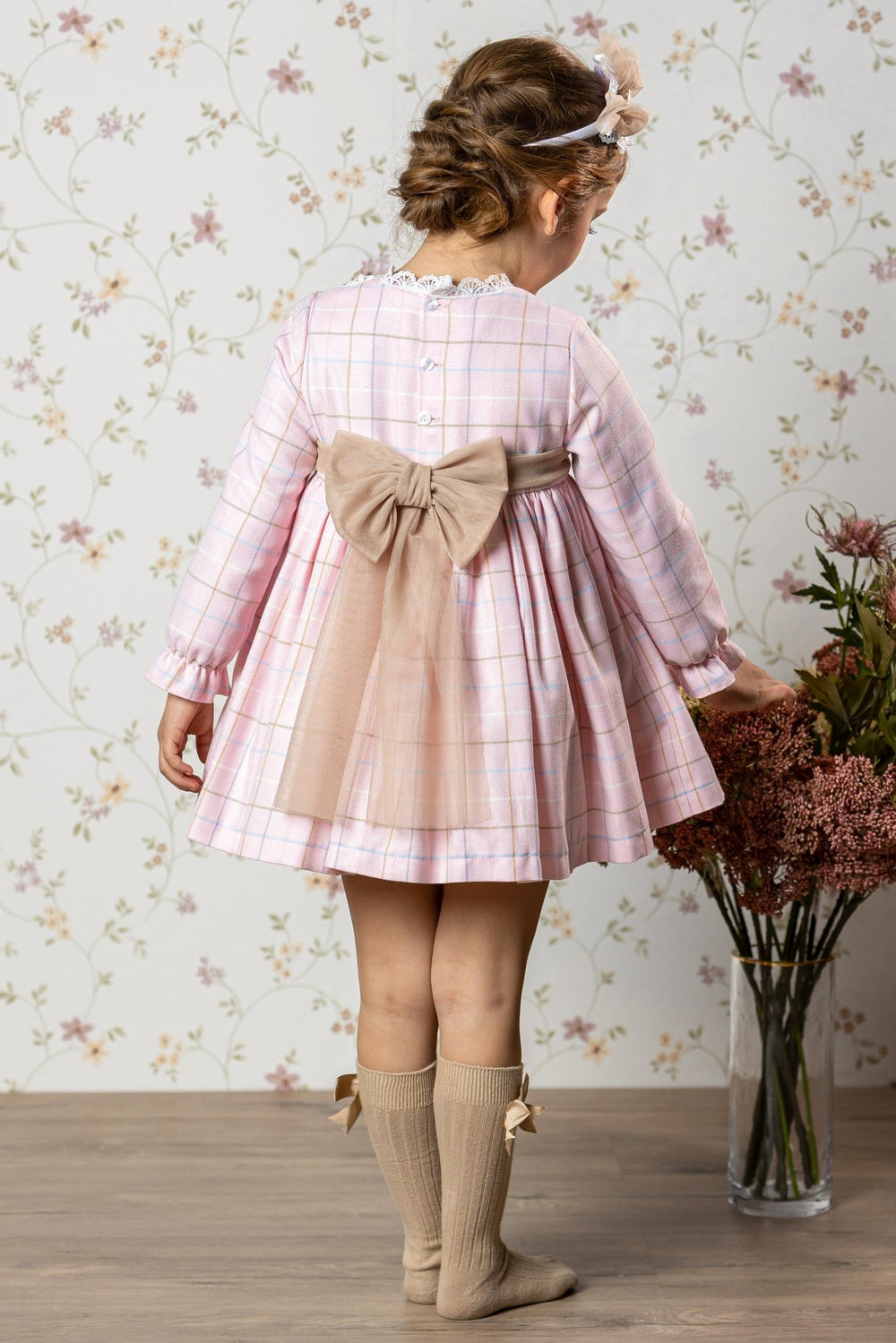 Abuela Tata "Imogen" Pink & Beige Tulle Check Dress - Millie and John