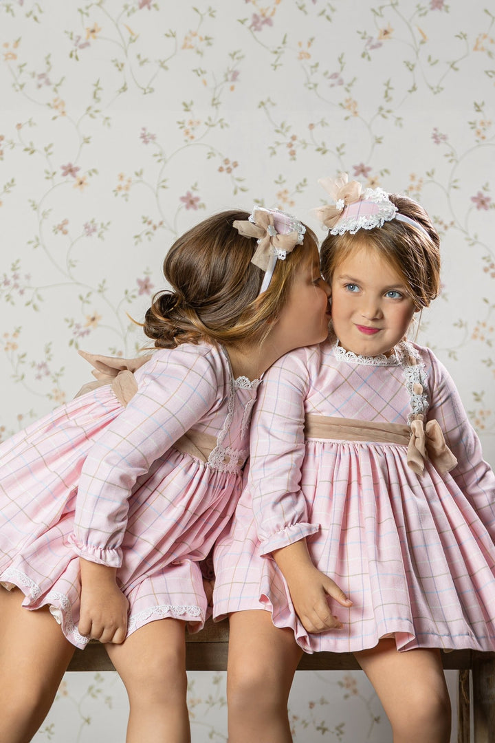 Abuela Tata "Imogen" Pink & Beige Tulle Check Dress - Millie and John