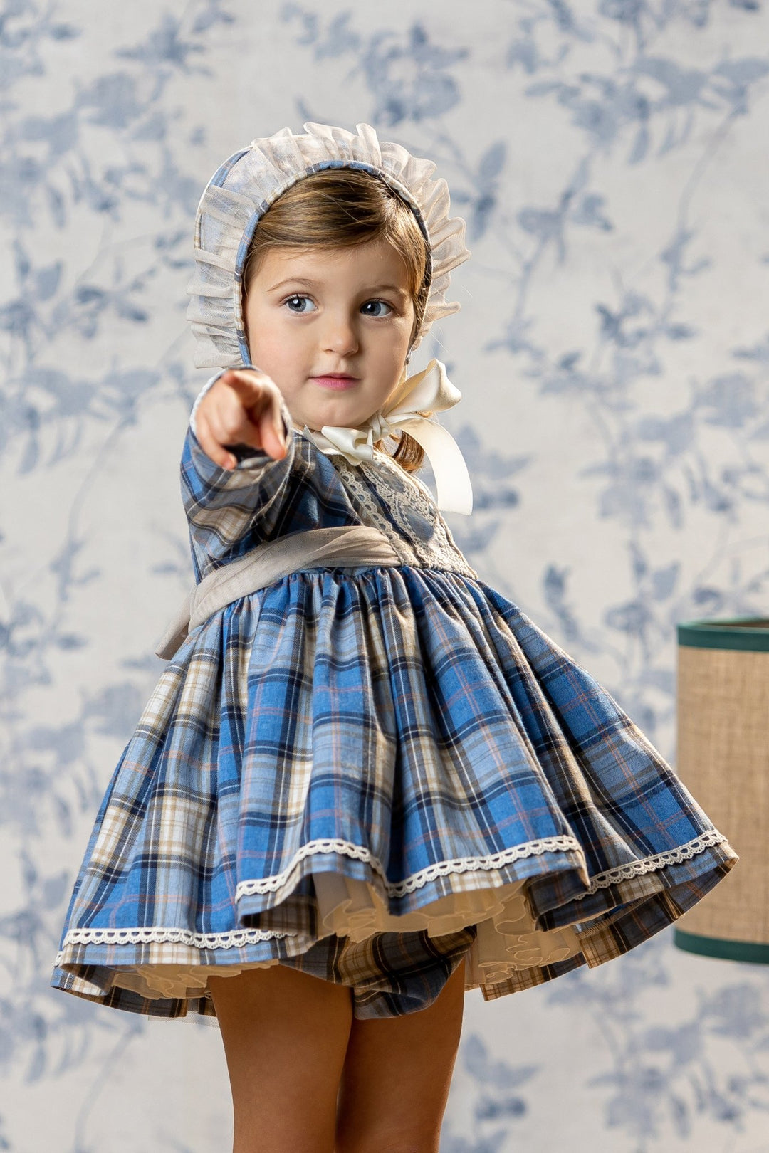 Abuela Tata "Prudence" Dusky Blue Tartan Dress, Bloomers & Bonnet - Millie and John