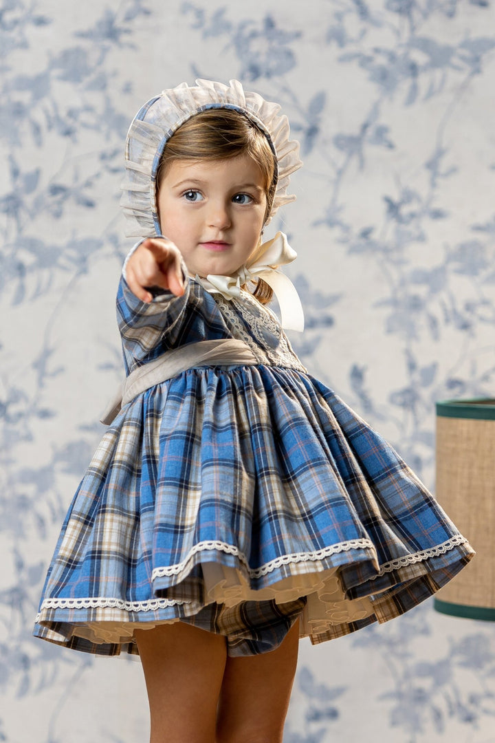 Abuela Tata "Prudence" Dusky Blue Tartan Dress, Bloomers & Bonnet - Millie and John