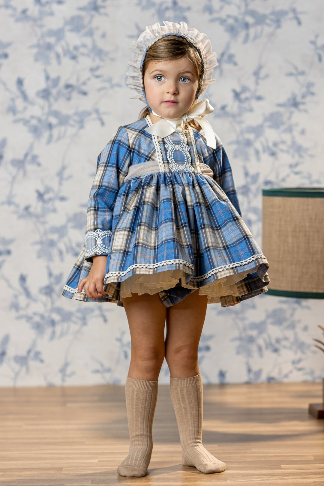 Abuela Tata "Prudence" Dusky Blue Tartan Dress, Bloomers & Bonnet - Millie and John