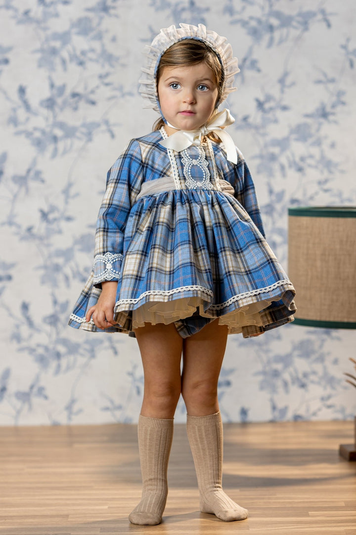 Abuela Tata "Prudence" Dusky Blue Tartan Dress, Bloomers & Bonnet - Millie and John
