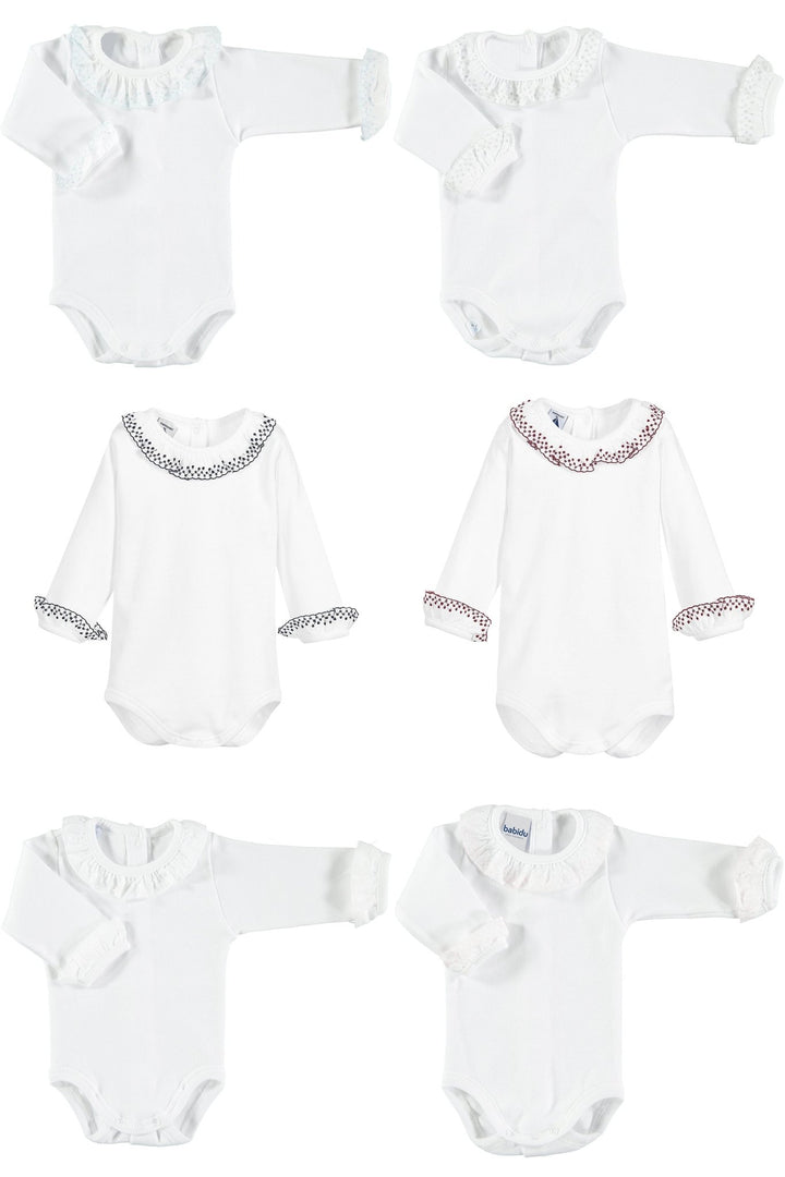 Babidu Long Sleeve Embroidered Ruffle Collar Bodysuit - Millie and John