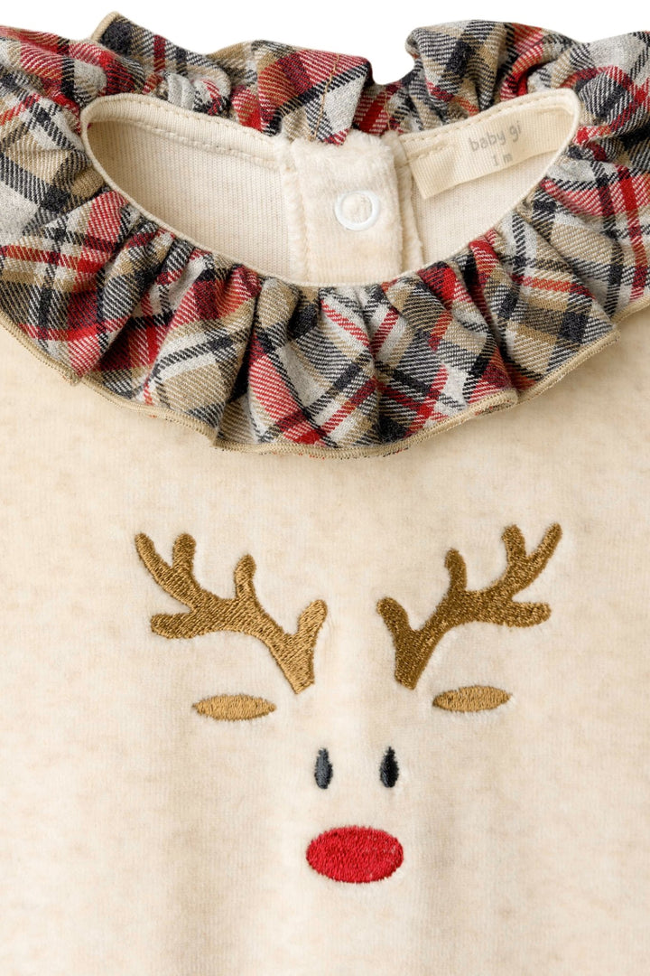 Baby Gi Beige Velour Ruffle Collar Reindeer Sleepsuit - Millie and John