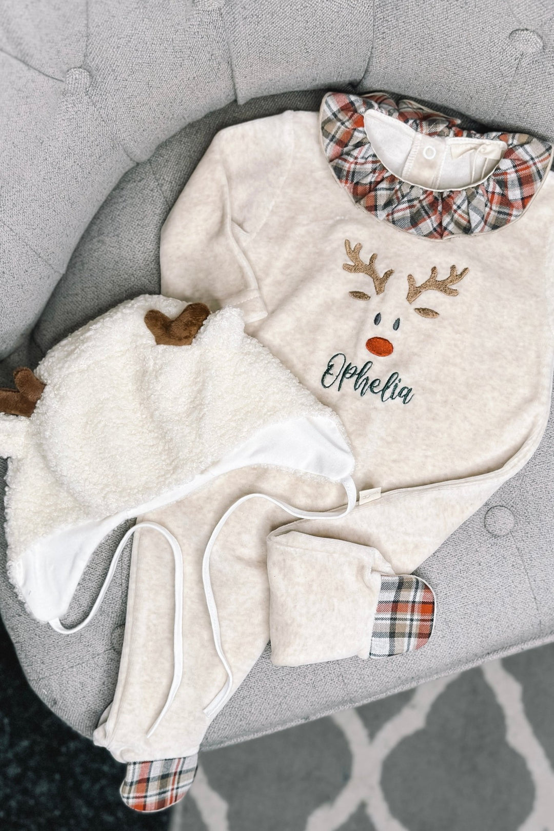 Baby Gi Beige Velour Ruffle Collar Reindeer Sleepsuit - Millie and John