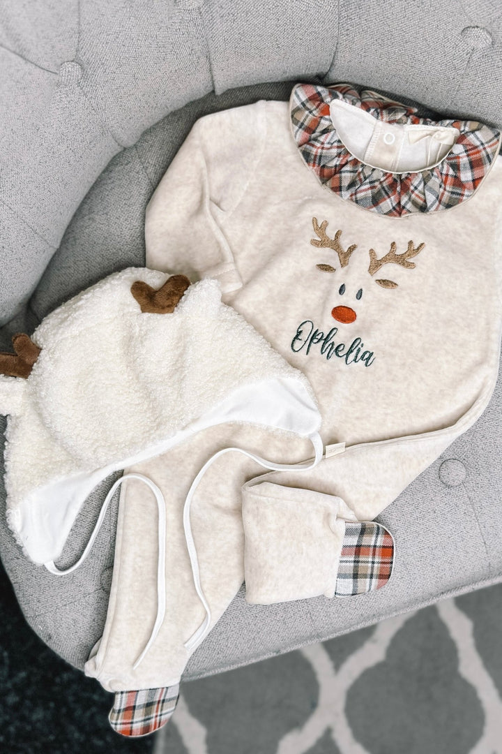 Baby Gi Beige Velour Ruffle Collar Reindeer Sleepsuit - Millie and John