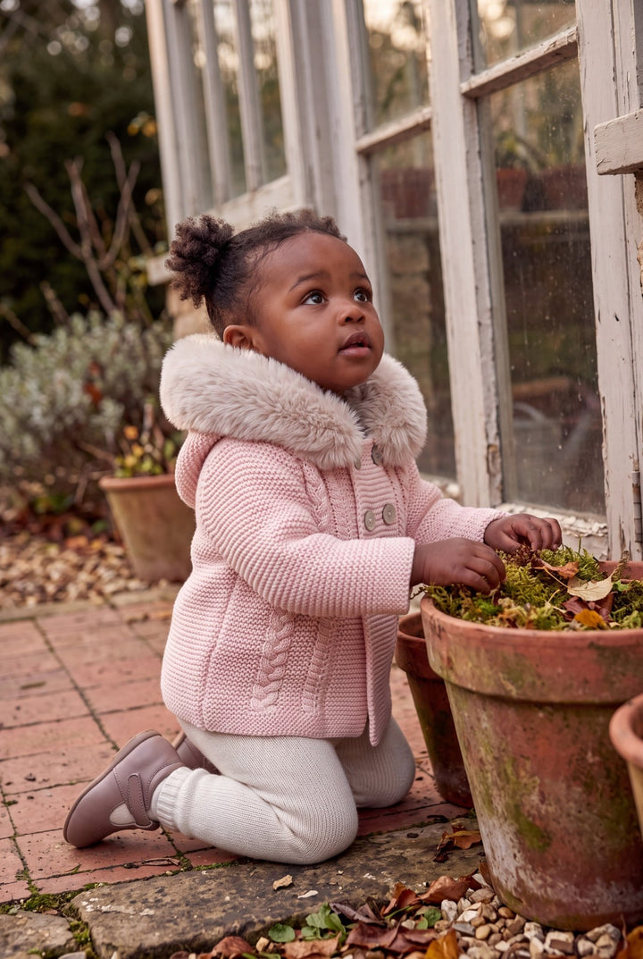 Babydif Blush Pink Faux Fur Hooded Knitted Cardigan - Millie and John