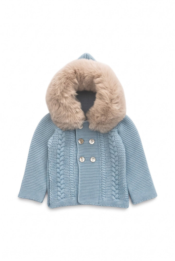 Babydif Powder Blue Faux Fur Hooded Knitted Cardigan - Millie and John