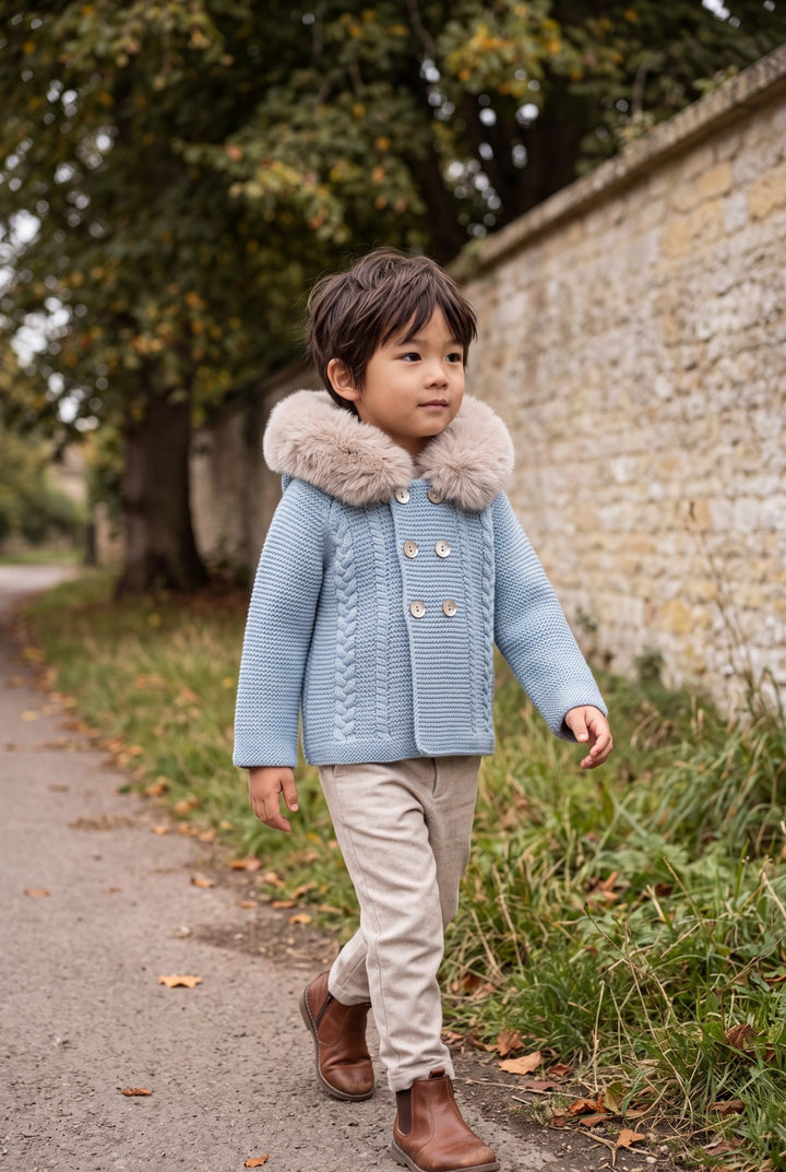 Babydif Powder Blue Faux Fur Hooded Knitted Cardigan - Millie and John
