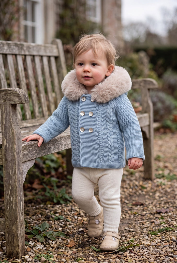 Babydif Powder Blue Faux Fur Hooded Knitted Cardigan - Millie and John