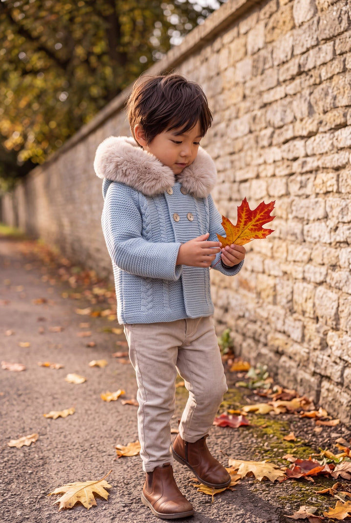 Babydif Powder Blue Faux Fur Hooded Knitted Cardigan - Millie and John
