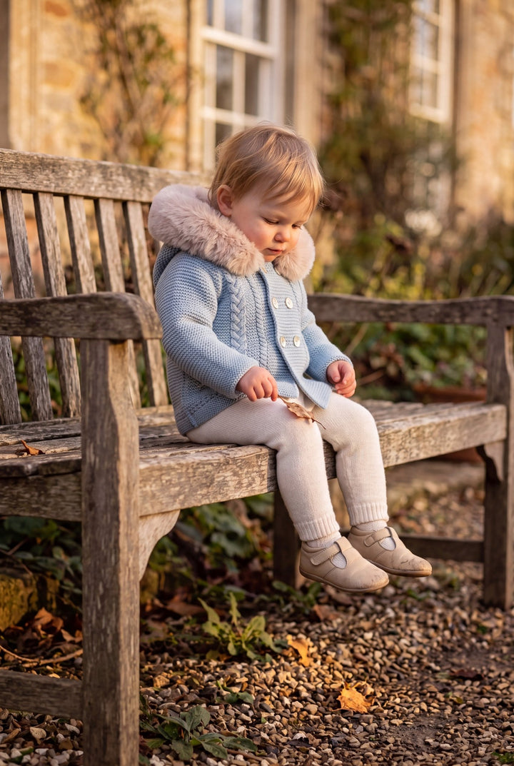Babydif Powder Blue Faux Fur Hooded Knitted Cardigan - Millie and John