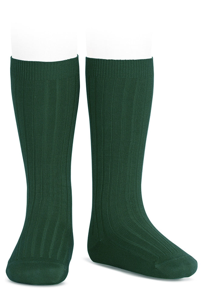 Bottle Green Wide Ribbed Knee High Socks