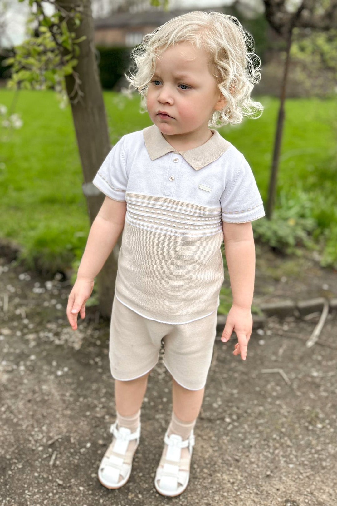 Blues Baby "Archie" Beige Knit Polo Shirt & Shorts - Millie and John